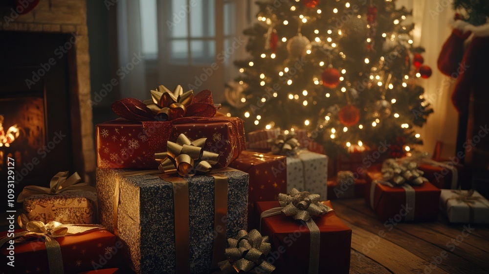 Festive holiday scene with wrapped presents in various styles, glowing tree lights, and cozy Christmas decor Festive holiday scene with wrapped presents in various styles, glowing tree lights, and cozy Christmas decor