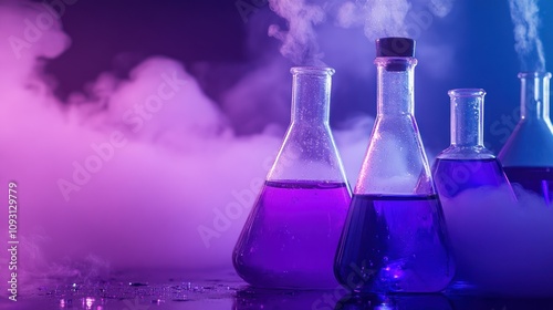 Colorful laboratory glassware with purple liquids and steam, suggesting scientific experimentation.