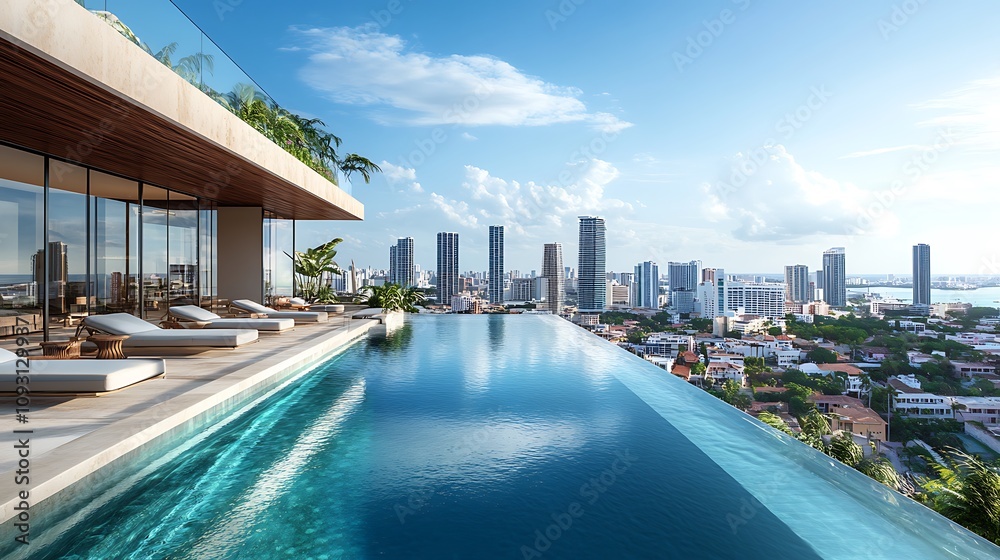 Fototapeta premium Modern rooftop pool with a panoramic city skyline, aerial view showcasing glass edges and sleek lounge chairs, vibrant reflections on the water, urban architecture in the background,