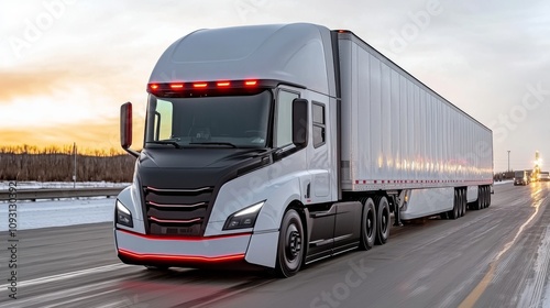 Electric Semi-Truck Driving on Open Highway at Sunset Modern Transportation Industrial Landscape Dynamic Environment Futuristic Concept