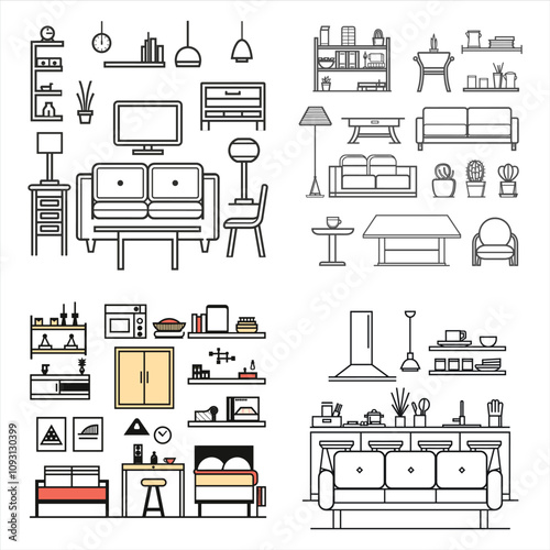 Line art house furniture flat icon bundle set, Outline furniture flat icon bundle set, Drawing interior room furniture flat icon