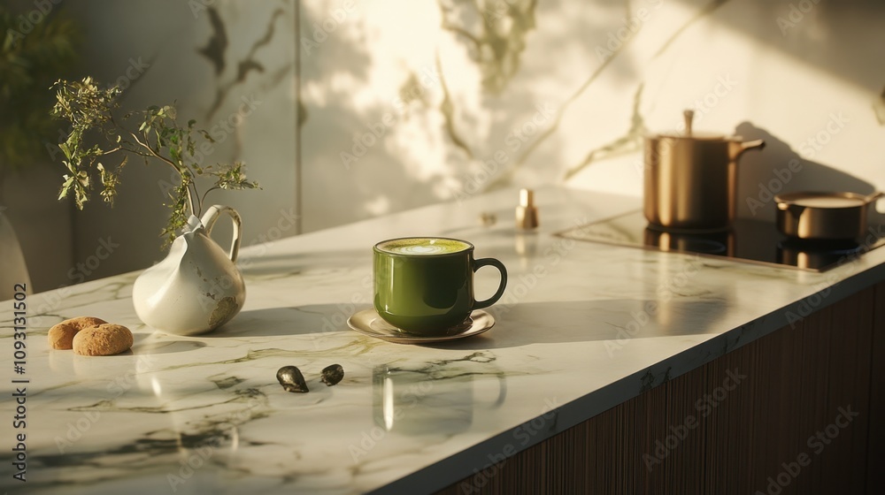 A Serene Morning Scene Featuring a Green Coffee Mug on a Marble Kitchen Counter with Soft Lighting, Fresh Herbs, Cookies, and a Stylish Teapot for a Cozy Vibe A Serene Morning Scene Featuring a Green Coffee Mug on a Marble Kitchen Counter with Soft Lighting, Fresh Herbs, Cookies, and a Stylish Teapot for a Cozy Vibe