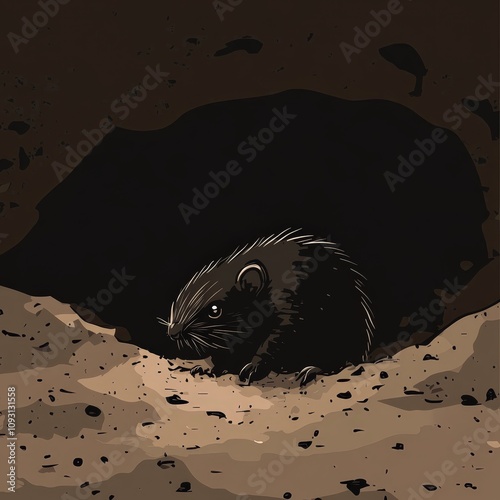 Underground Habitat of a Small Rodent Exploring Its Natural Environment in a Dark Burrow with Textured Soil and Soft Shadows Highlighting Its Features