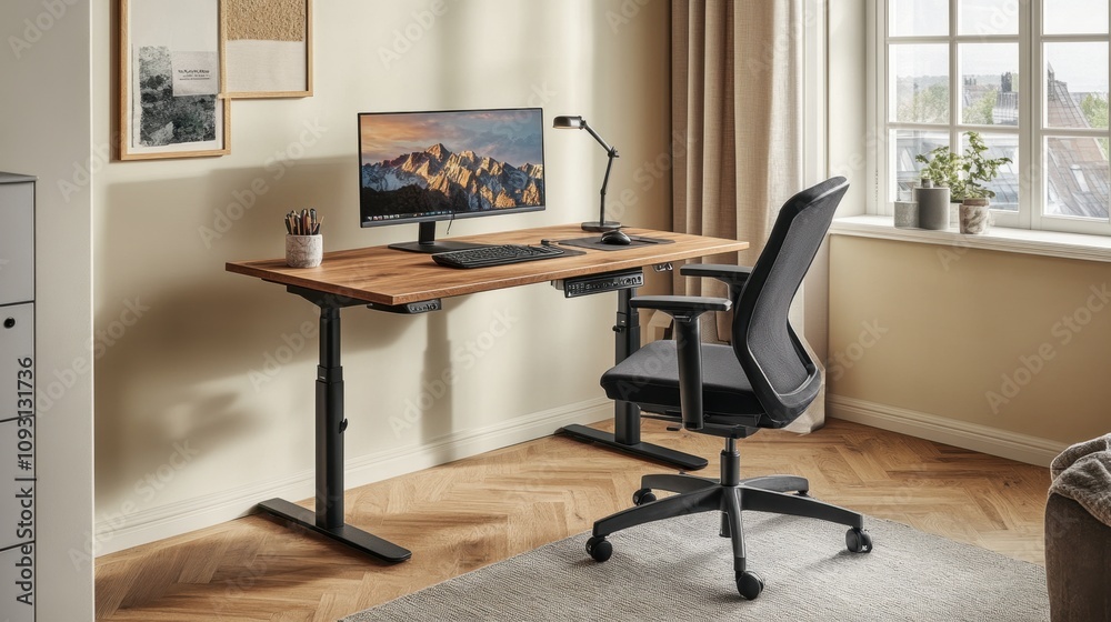 Modern Workspace with Standing Desk and Ergonomic Chair in Bright Room Featuring Natural Light and Minimalist Decor Modern Workspace with Standing Desk and Ergonomic Chair in Bright Room Featuring Natural Light and Minimalist Decor