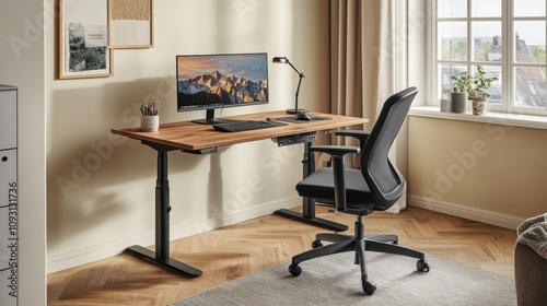 Modern Workspace with Standing Desk and Ergonomic Chair in Bright Room Featuring Natural Light and Minimalist Decor