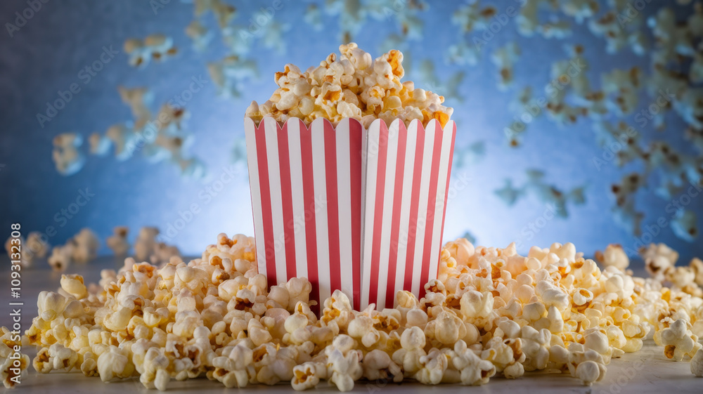 A red and white striped popcorn bucket spilling over with popcorn.. A red and white striped popcorn bucket spilling over with popcorn..
