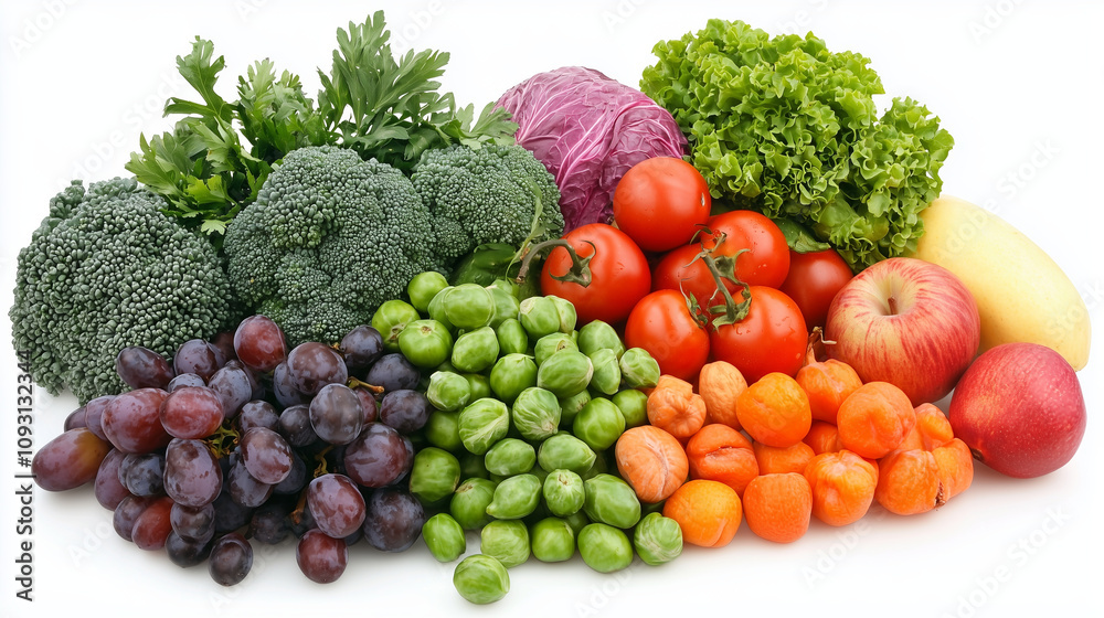 Assortment of fresh fruits and vegetables on white background.. Assortment of fresh fruits and vegetables on white background..