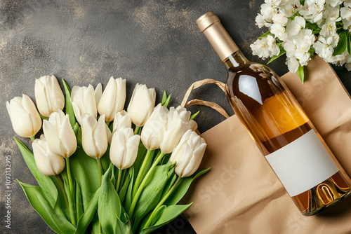 Вottle of wine and bouquet of flowers Bouquet of white tulips in a paper gift bag and a bottle of wine on a gray background with copy space. Concept Valentine's Day, Mother's Day, Women's Day. Greetin