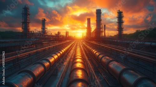 Large industrial oil and gas pipelines with refinery towers at sunset. Ideal for energy, industry, or environmental themes. Vibrant orange, blue, and metallic tones photo