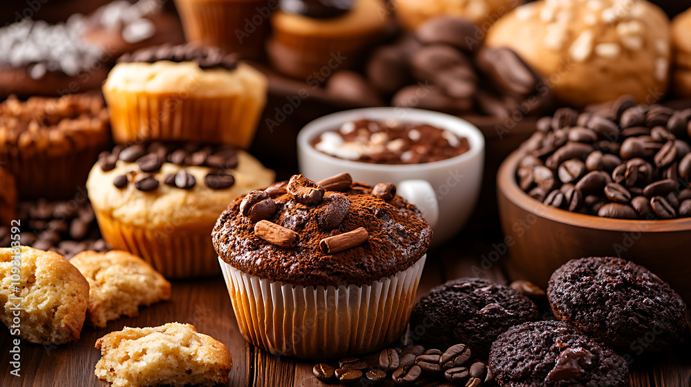 A close-up of a rich coffee roast with a variety of bakery items, including muffins and cookies, in the background A close-up of a rich coffee roast with a variety of bakery items, including muffins and cookies, in the background