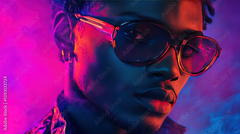 Futuristic portrait with neon gel lighting, capturing intense colors and sharp contrasts in a studio setup