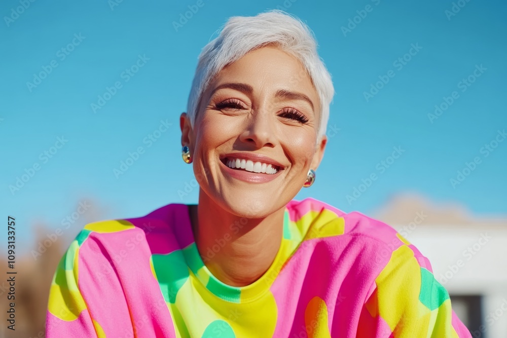 Woman with a bright pink and yellow shirt is smiling. She has a gold hoop earring and a gold earring Woman with a bright pink and yellow shirt is smiling. She has a gold hoop earring and a gold earring