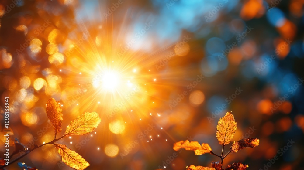 A brilliant burst of sunlight radiates through an enchanting forest canopy, casting a warm golden glow on vibrant autumn leaves, evoking a sense of calm and wonder A brilliant burst of sunlight radiates through an enchanting forest canopy, casting a warm golden glow on vibrant autumn leaves, evoking a sense of calm and wonder
