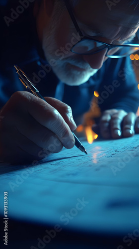 Photo Man Writing Pen Paper Night Glasses Working Light photo