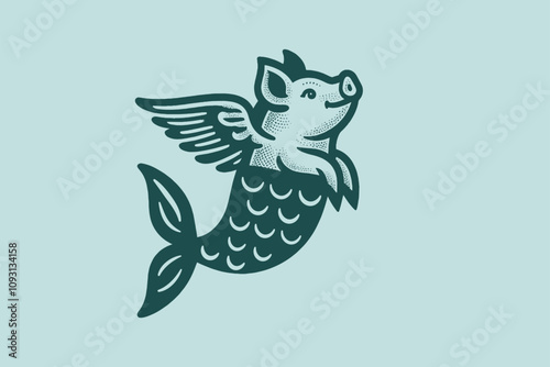 Pig mermaid. Piglet with fish tail. Vintage vector monochrome engraving illustration, emblem, logo, icon