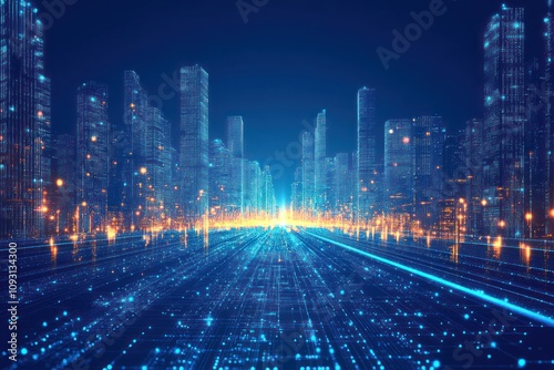 Futuristic city skyline at night with glowing digital highway.