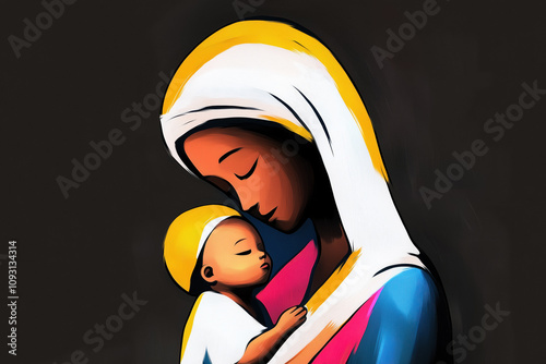 Tender stylized depiction of Mary holding baby Jesus, with vibrant colors and soft brushstrokes, symbolizing maternal love and divinity. photo