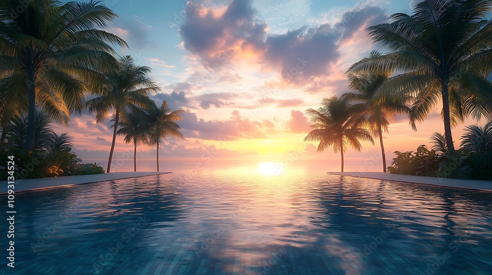 Peaceful dawn swim in a luxury pool, tropical palms framing the scene, calm water surface with gentle reflections of the sky, serene and tranquil setting, photorealistic details, Peaceful dawn swim in a luxury pool, tropical palms framing the scene, calm water surface with gentle reflections of the sky, serene and tranquil setting, photorealistic details,