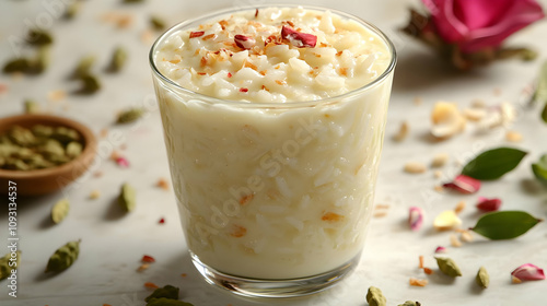 Photo Creamy Rice Pudding Cardamom Rose Petals Dessert