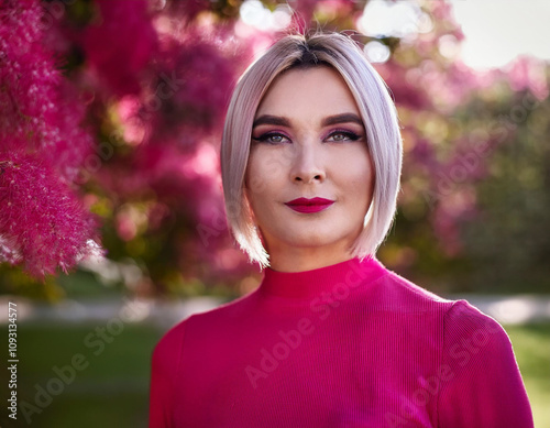 Confident Transgender Person Face in Vibrant Outfit with Floral Park Background Lifestyle Headshot photo