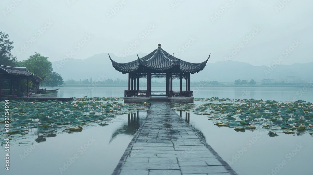 Obraz premium Serene Chinese Pavilion Surrounded by Tranquil Lotus Flowers on Calm Lake with Misty Mountains in the Background on a Foggy Day