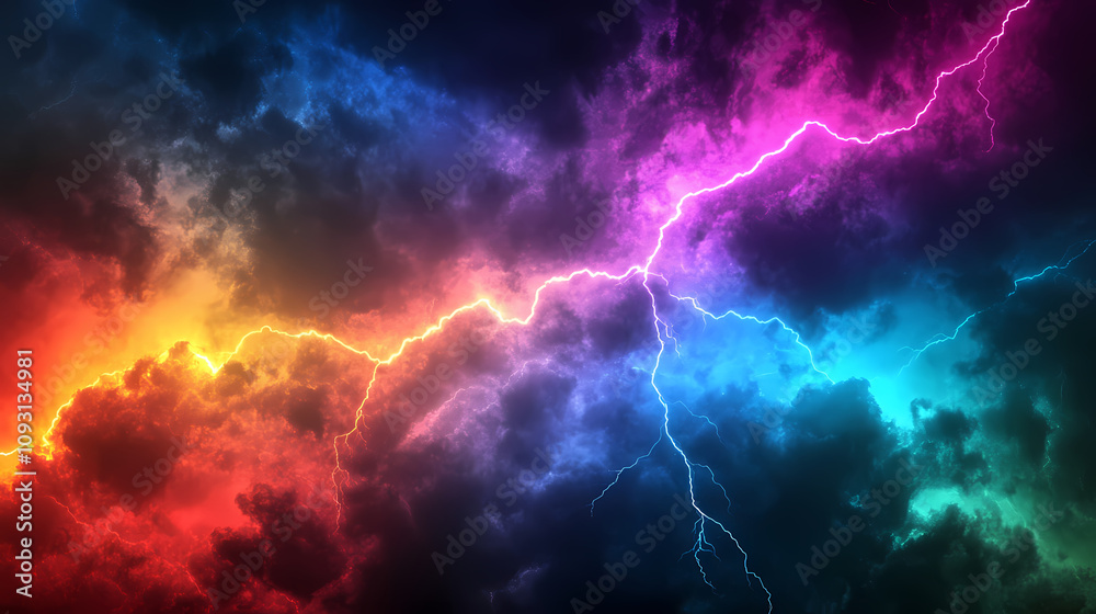 Neon rainbow color lightning striking against a dark sky, neon, rainbow, color, lightning, electric, energetic, vibrant. Neon Lightning Strikes. Illustration Neon rainbow color lightning striking against a dark sky, neon, rainbow, color, lightning, electric, energetic, vibrant. Neon Lightning Strikes. Illustration