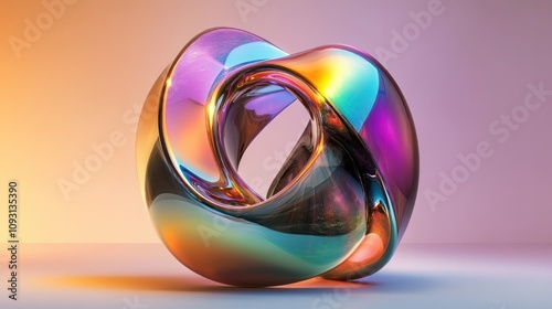 Holographic abstract sculpture with vibrant metallic tones and a soft futuristic gradient background photo