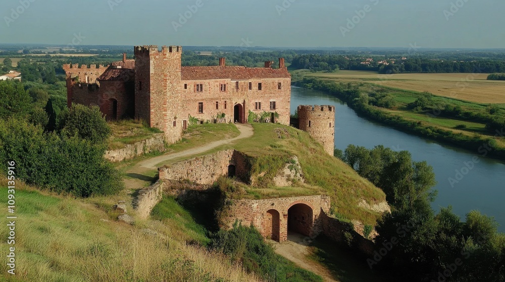 Scenic Aerial View of Historic Castle Overlooking River Surrounded by Lush Greenery and Verdant Fields Under Clear Blue Sky in Warm Daylight Scenic Aerial View of Historic Castle Overlooking River Surrounded by Lush Greenery and Verdant Fields Under Clear Blue Sky in Warm Daylight