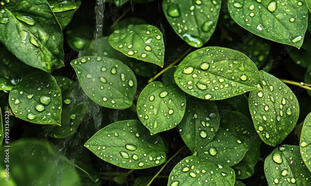 Dew drops on lush green leaves. Dew drops on lush green leaves.