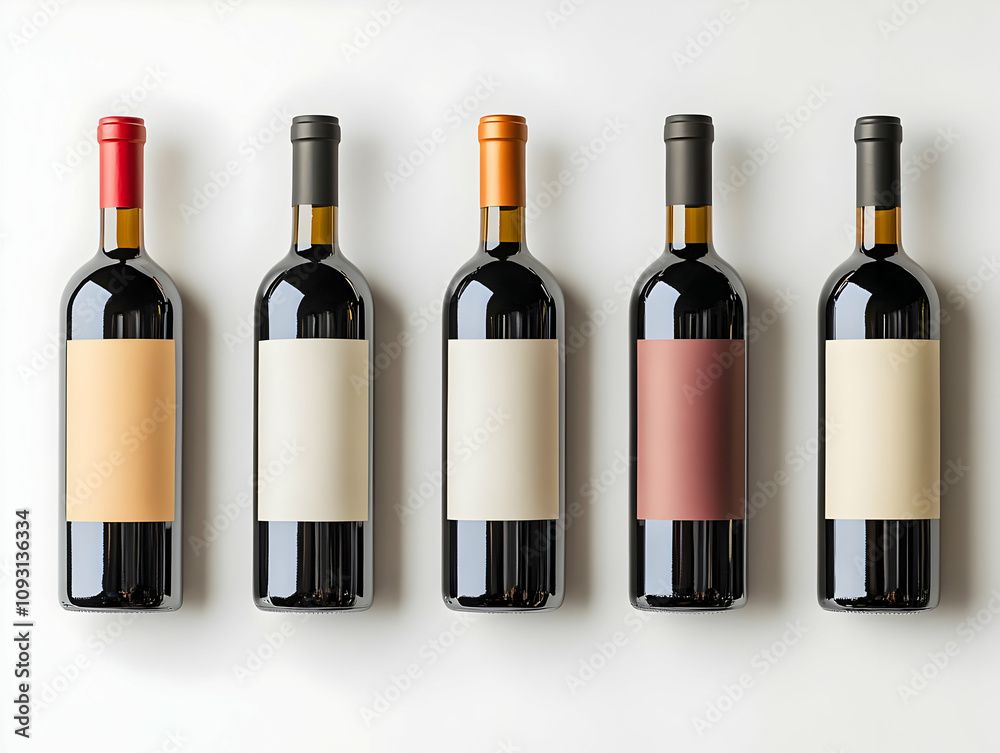 Photo Five Wine Bottles Blank Labels White Background