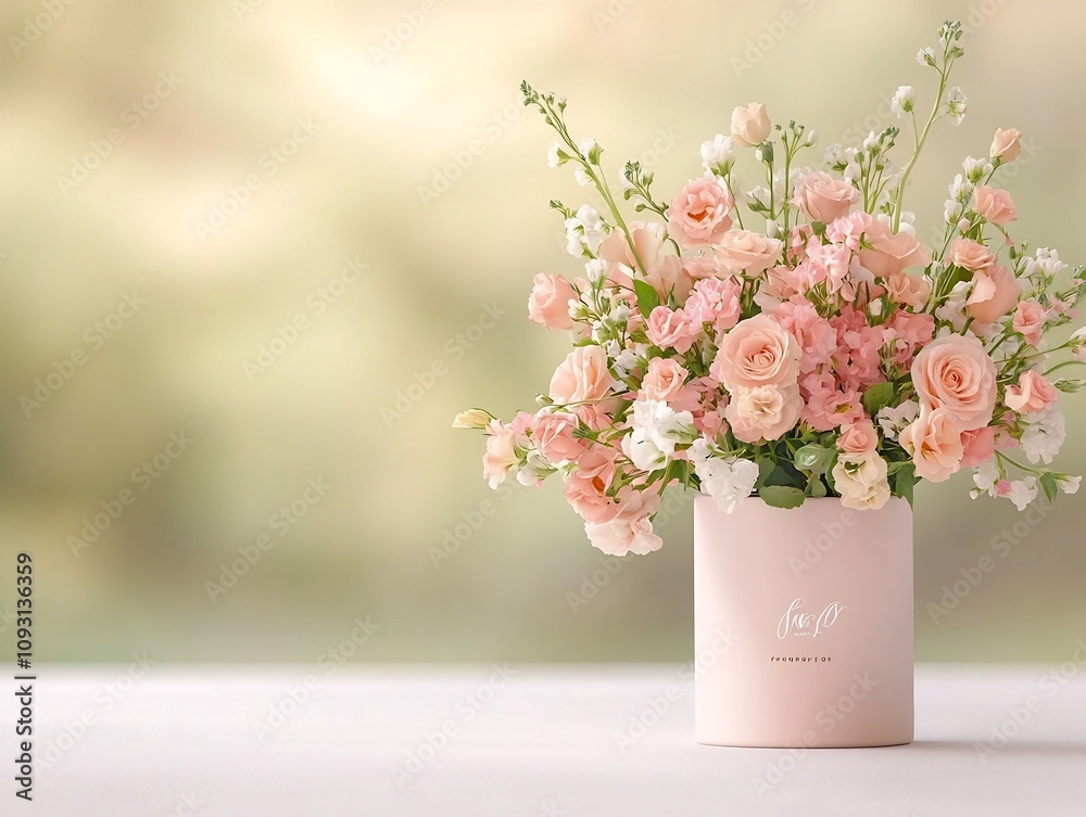 Naklejka premium Elegant Floral Bouquet in Pastel Pink Vase Soft Romantic Arrangement for Weddings or Special Occasions