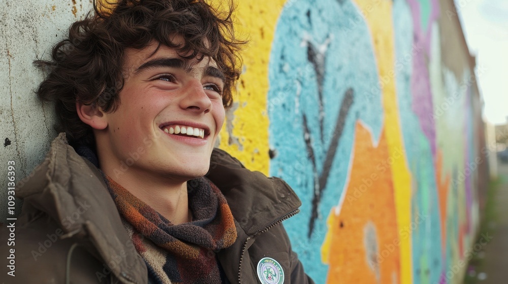 Obraz premium Young man smiling against vibrant urban street art backdrop, showcasing happiness and youthful energy, perfect for themes of positivity, creativity, and community spirit.