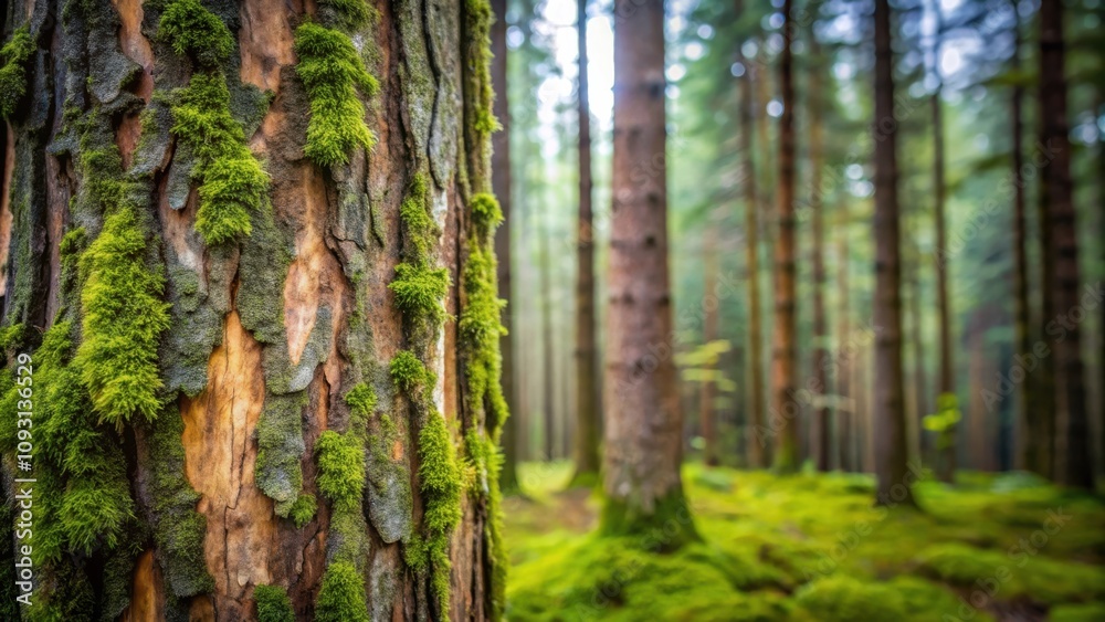 Fototapeta premium A close-up of a tree trunk covered in moss in a lush green forest, with the background trees softly blurred, creating a sense of tranquility and depth