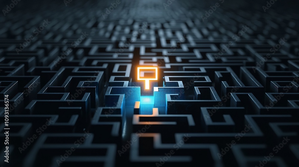 Glowing Exit Symbol at the End of a Complex Black and Blue Maze Representing Solutions Clarity and Successful Outcomes in Problem Solving and Breakthrough Achievements Glowing Exit Symbol at the End of a Complex Black and Blue Maze Representing Solutions Clarity and Successful Outcomes in Problem Solving and Breakthrough Achievements