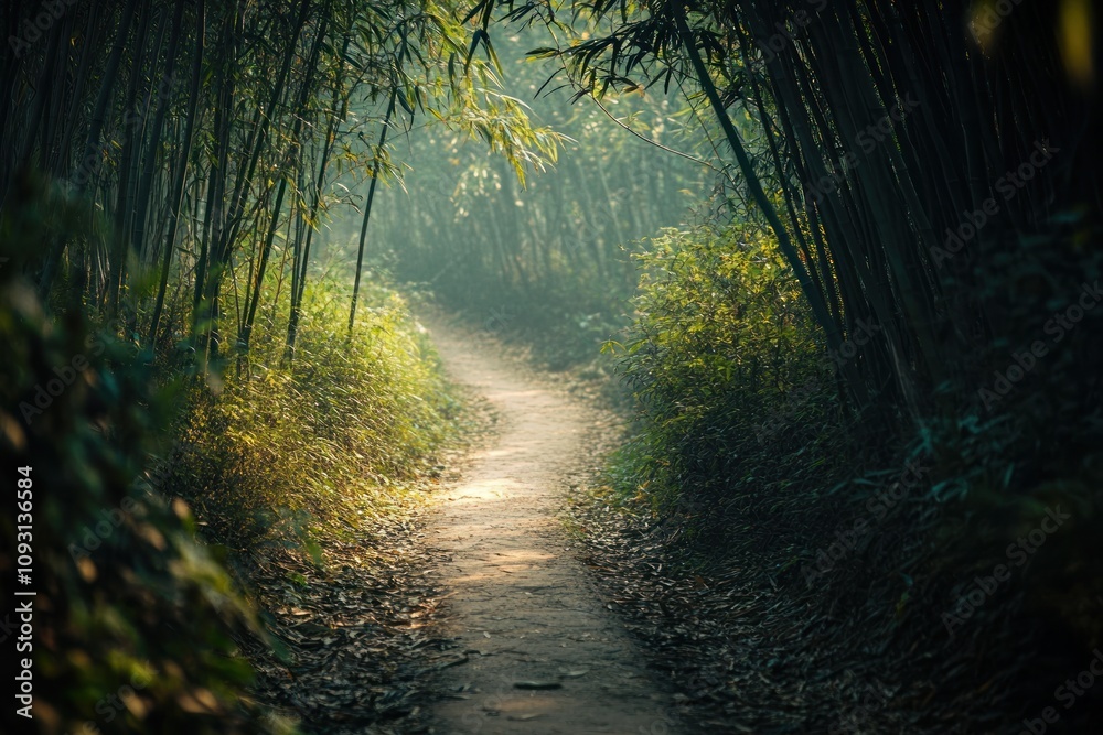 Fototapeta premium Serene Bamboo Forest Path Winding Through Lush Greenery