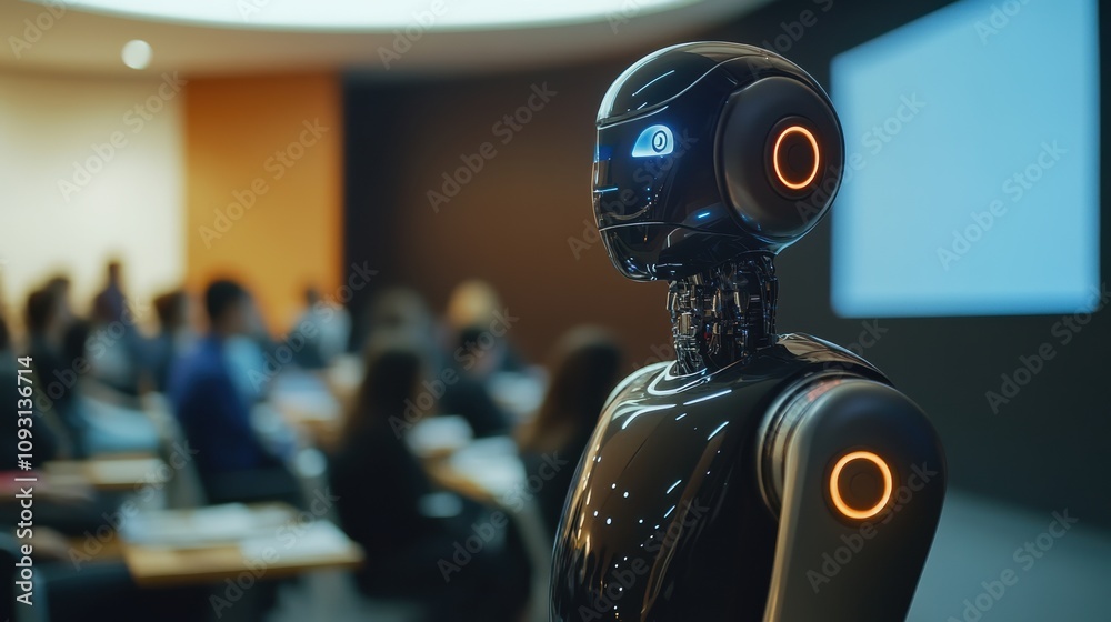 Ai robot lecturer in modern classroom with blurred students Ai robot lecturer in modern classroom with blurred students