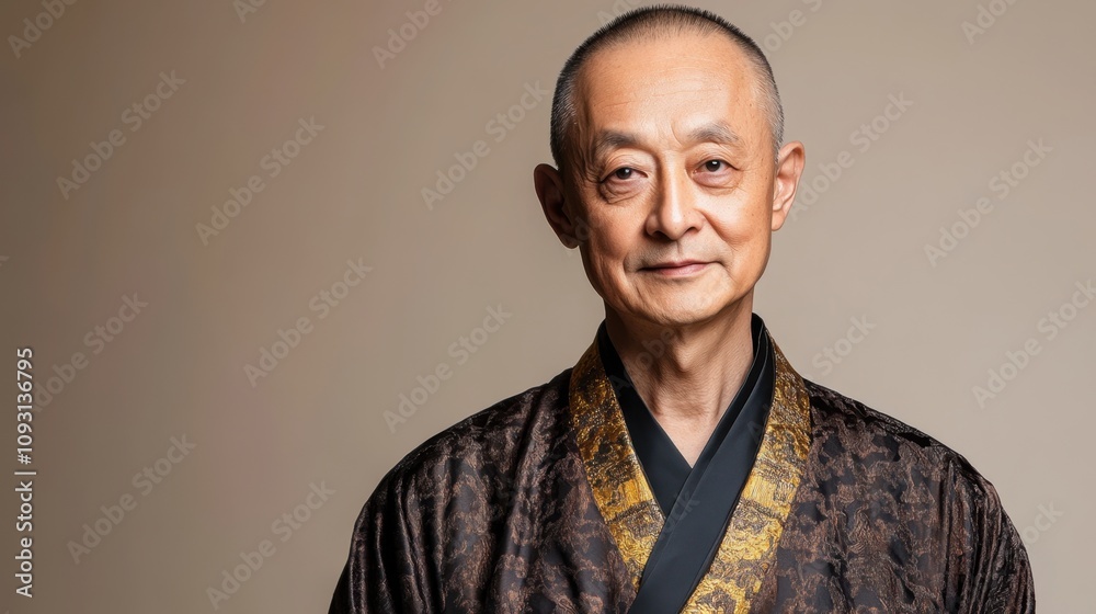 Fototapeta premium Portrait of an elderly man wearing traditional clothing with a calm expression, exemplifying wisdom and tranquility, in a serene studio background capturing cultural heritage.