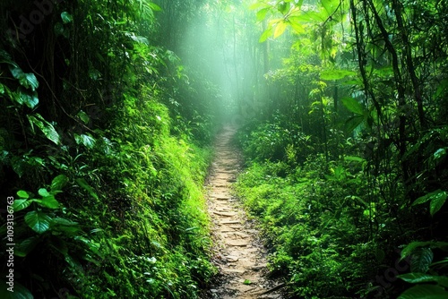 Lush Green Forest Path Sunlight Through Canopy photo