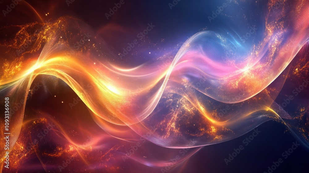 Iridescent abstract design featuring a flowing wavy shape, with glowing highlights and metallic reflections Iridescent abstract design featuring a flowing wavy shape, with glowing highlights and metallic reflections