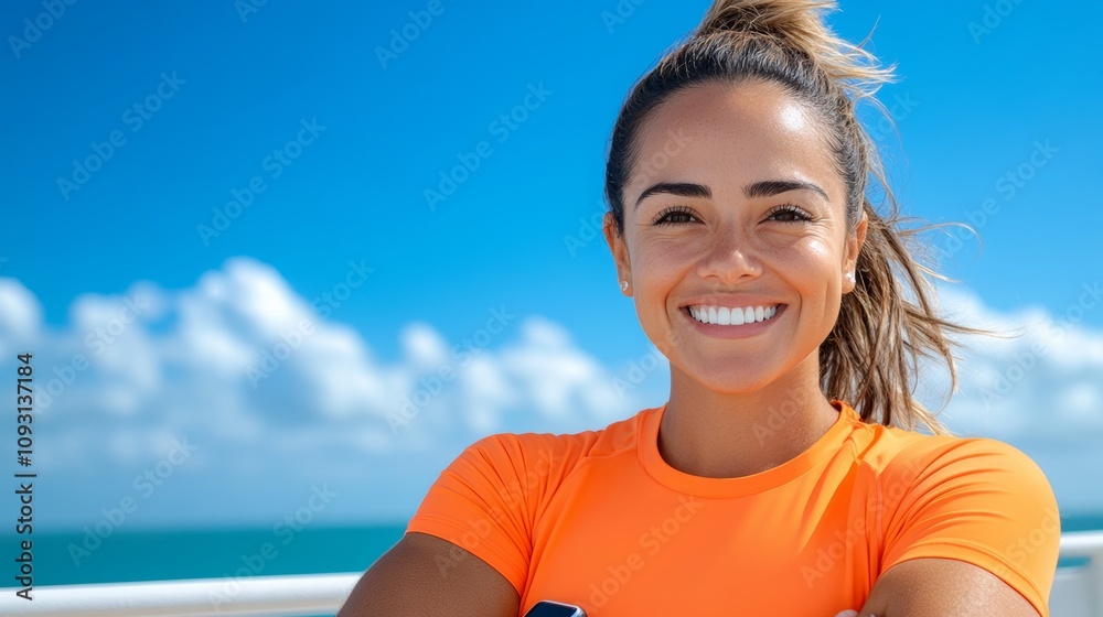 Woman with long hair is smiling and wearing an orange shirt. She is standing on a beach with a clear blue sky in the background Woman with long hair is smiling and wearing an orange shirt. She is standing on a beach with a clear blue sky in the background