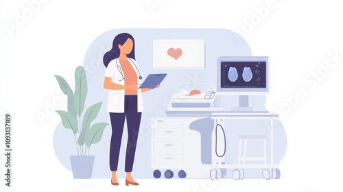 Female Medical Professional Evaluating Patient Reports in a Modern Clinic with Medical Equipment and Technology, Focusing on Healthcare and Patient Care