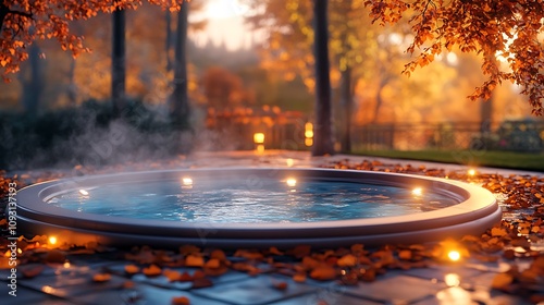 Wallpaper Mural Relaxing evening at an outdoor pool in autumn, warm lights casting a soft glow, steam gently rising from the hot tub, fallen leaves creating a colorful border, inviting and peaceful vibe, Torontodigital.ca