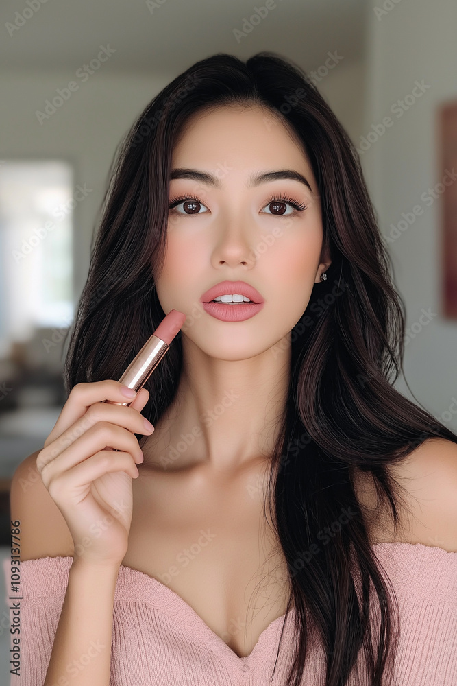 Beautiful Asian woman is applying lipstick on her lips. She looks at the camera while live streaming Beautiful Asian woman is applying lipstick on her lips. She looks at the camera while live streaming