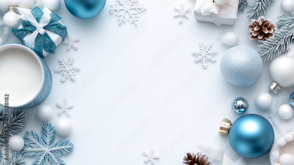 Festive Winter Wonderland Arrangement with Blue and White Decorations, Snowflake Accents, and Pine Cones for a Joyful Holiday Celebration Festive Winter Wonderland Arrangement with Blue and White Decorations, Snowflake Accents, and Pine Cones for a Joyful Holiday Celebration