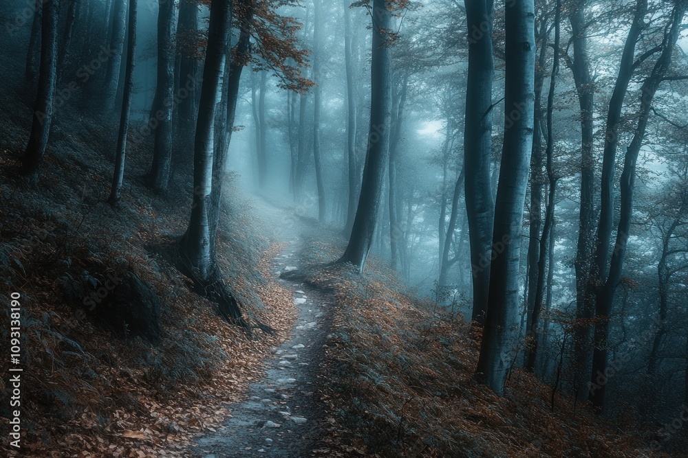 Fototapeta premium Misty Forest Path Winding Through Tall Trees