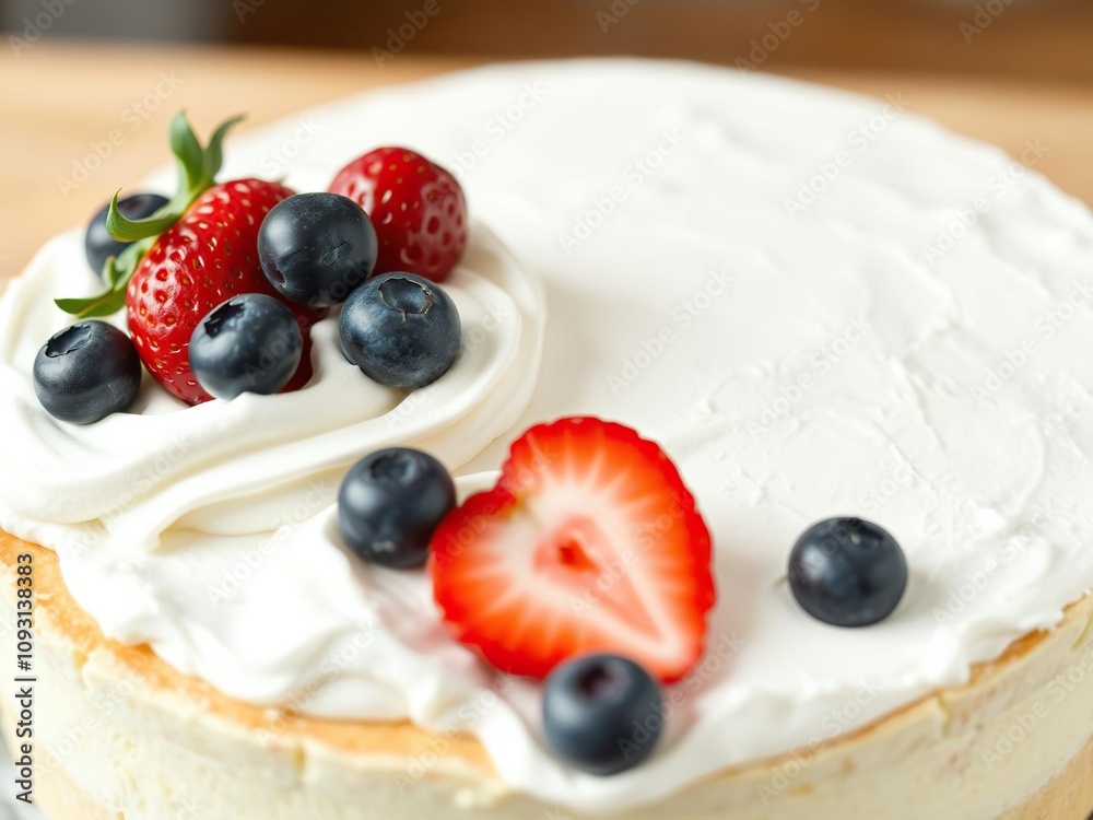 Moist vanilla cake topped with a swirl of whipped cream, fresh strawberries, and blueberries arranged artfully on top, vanilla cupcake, patisserie, frosted top Moist vanilla cake topped with a swirl of whipped cream, fresh strawberries, and blueberries arranged artfully on top, vanilla cupcake, patisserie, frosted top