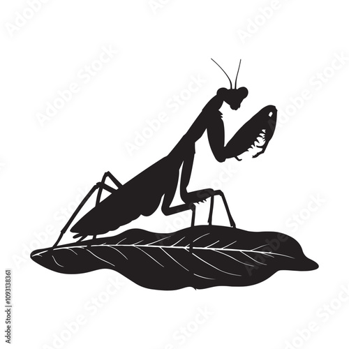 A vector silhouette image of a praying mantis