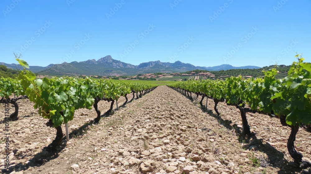 Scenic Vineyard Landscape with Endless Rows of Grape Vines and Majestic Mountains Under Bright Blue Sky in Idyllic Wine Country Scenic Vineyard Landscape with Endless Rows of Grape Vines and Majestic Mountains Under Bright Blue Sky in Idyllic Wine Country