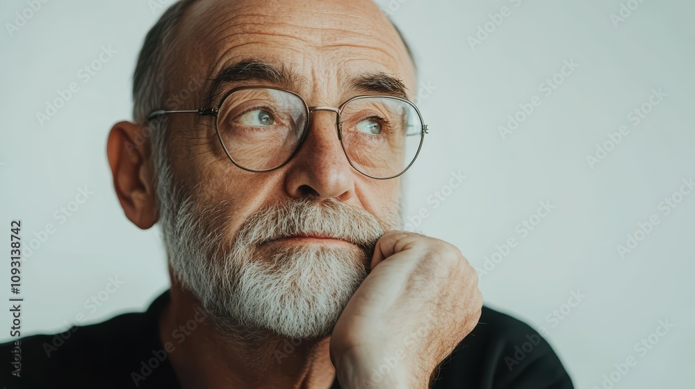 Elderly man with a thoughtful gaze studio setting portrait photography white background close-up view reflection and wisdom Elderly man with a thoughtful gaze studio setting portrait photography white background close-up view reflection and wisdom