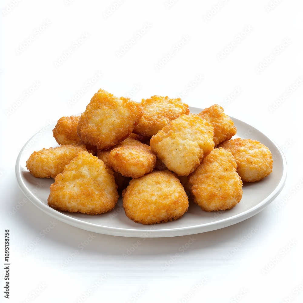 A plate filled with golden-brown, crispy chicken nuggets. The nuggets are uniformly shaped and appear appetizing, suggesting they are freshly cooked and ready to eat. A plate filled with golden-brown, crispy chicken nuggets. The nuggets are uniformly shaped and appear appetizing, suggesting they are freshly cooked and ready to eat.